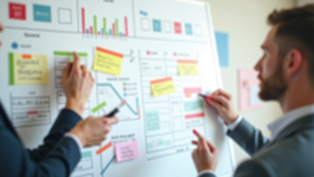 Finanzplanung und Budgeterstellung auf Whiteboard, farbige Marker und Notizen, helle Arbeitsumgebung, moderne Planungsmethoden