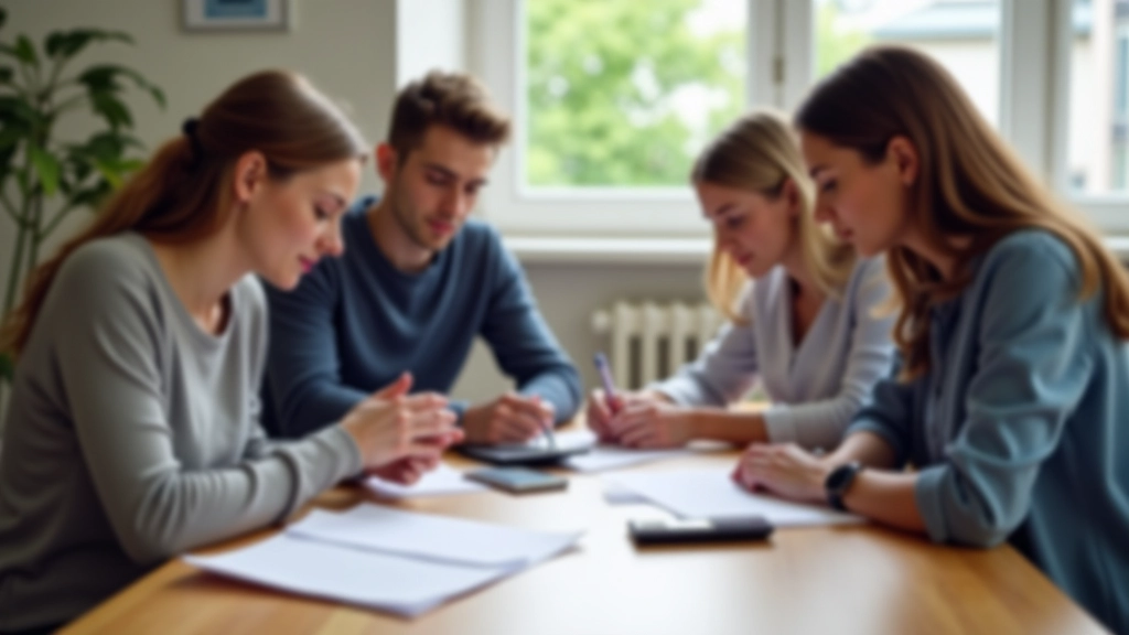Junge Menschen sitzen um Tisch mit Finanzpapieren, Taschenrechner und Notizen, helles Tageslicht, Fokus auf Details
