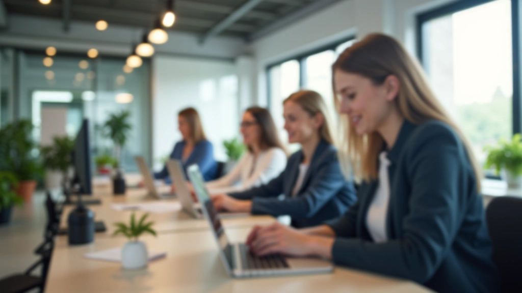Modernes Büro mit jungem Team in Freiburg, konzentrierte Atmosphäre, helle Beleuchtung, professionelle Arbeitsumgebung