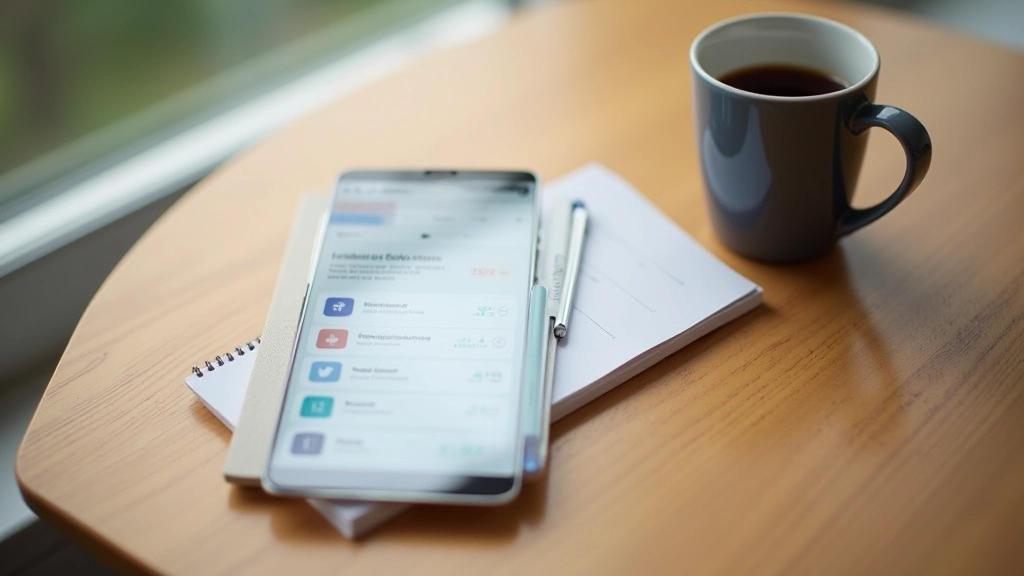 Smartphone mit Banking-App auf Tisch neben Kaffee