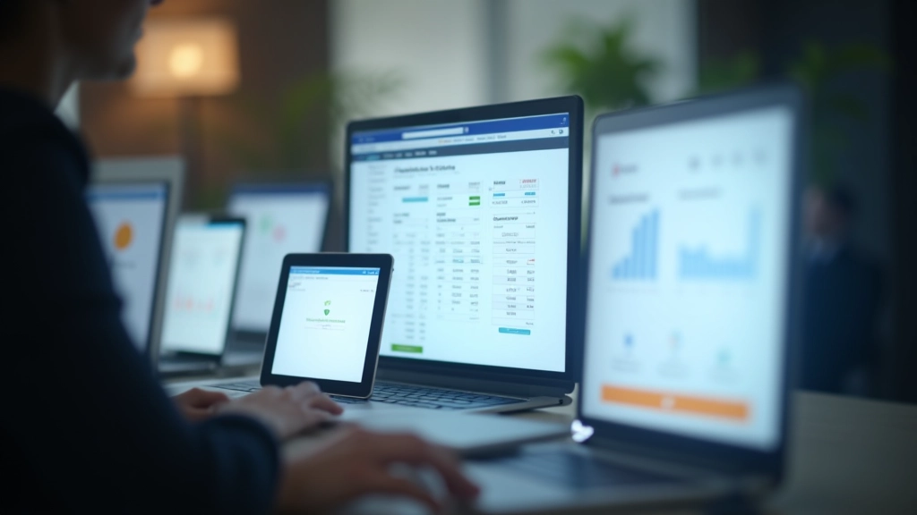 Verschiedene Laptop- und Handy-Bildschirme zeigen verschiedene Banking-Interfaces, Vergleichsübersicht, professionelle Beleuchtung