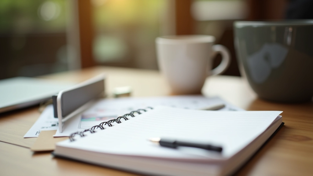 Notizbuch und Stift auf einem Holztisch mit Kaffeetasse, Budget-Tracking, helles Licht