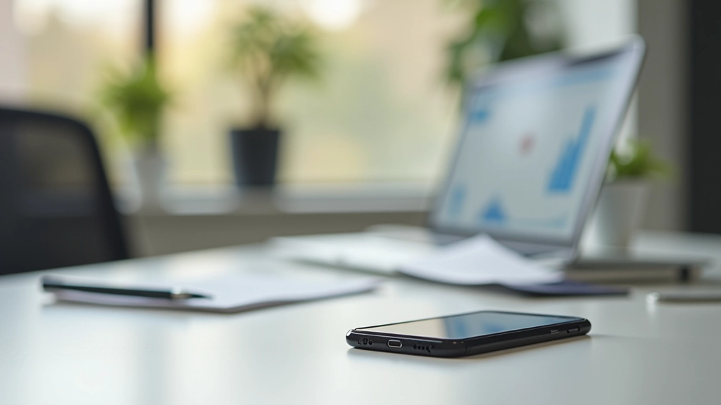 Smartphone mit Banking-App auf Schreibtisch, digitale Finanzplanung, modernes Office-Setting
