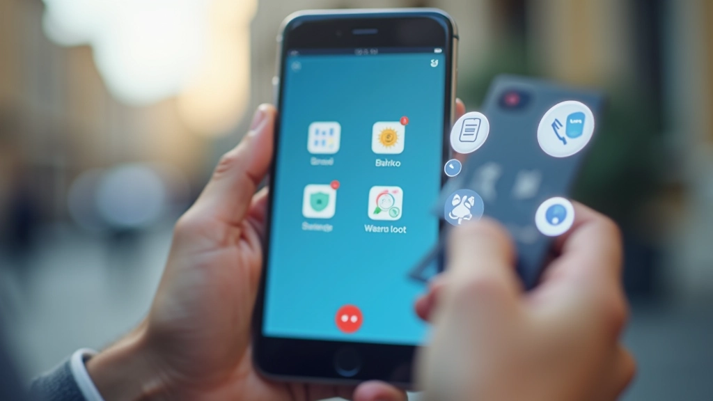 Smartphone mit verschiedenen Banking-App-Symbolen auf dem Bildschirm, übersichtliches Interface-Design, helles Licht