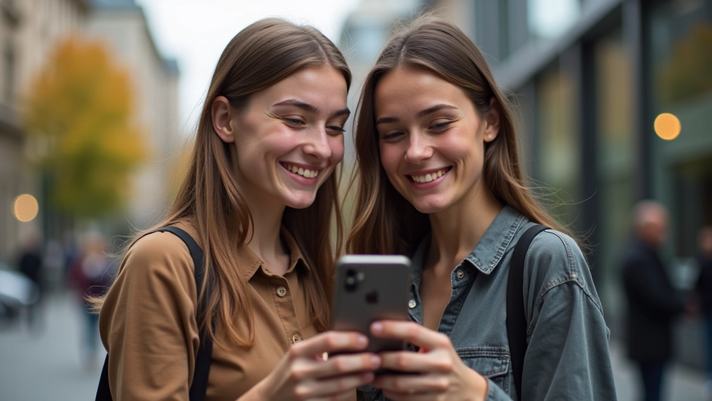 Zwei junge Menschen lächeln beim Anschauen eines Smartphones zusammen, moderner urbaner Hintergrund, natürliches Licht