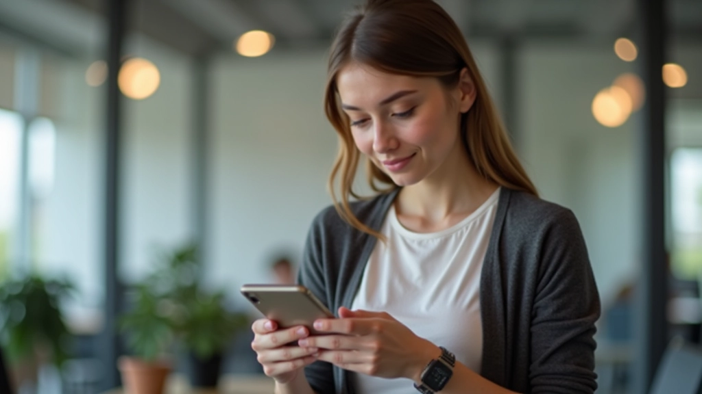 Junge Frau schaut auf Handy mit Banking-App, modernes Büro-Setting, natürliches Licht, scharfer Fokus