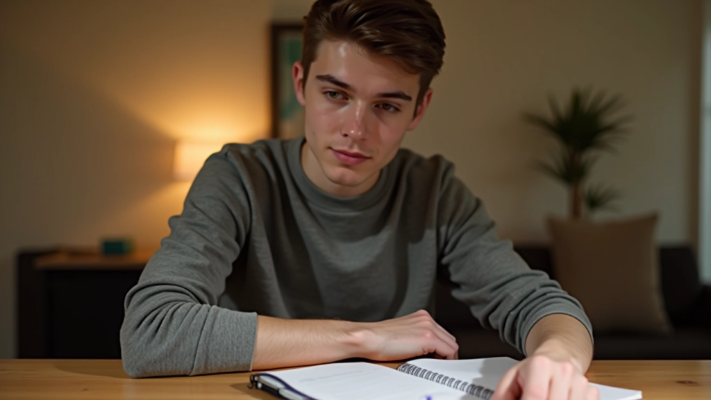 Person sitzt am Schreibtisch mit Notizbuch und Stift, organisiert finanzielle Dokumente