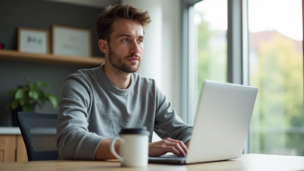 Junge Person analysiert finanzielle Daten auf Laptop, Kaffee auf dem Tisch, modernes Home Office Setup
