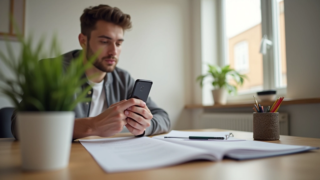 Person mit Smartphone, überprüft Banking-App und Transaktionen, moderner minimalistischer Stil