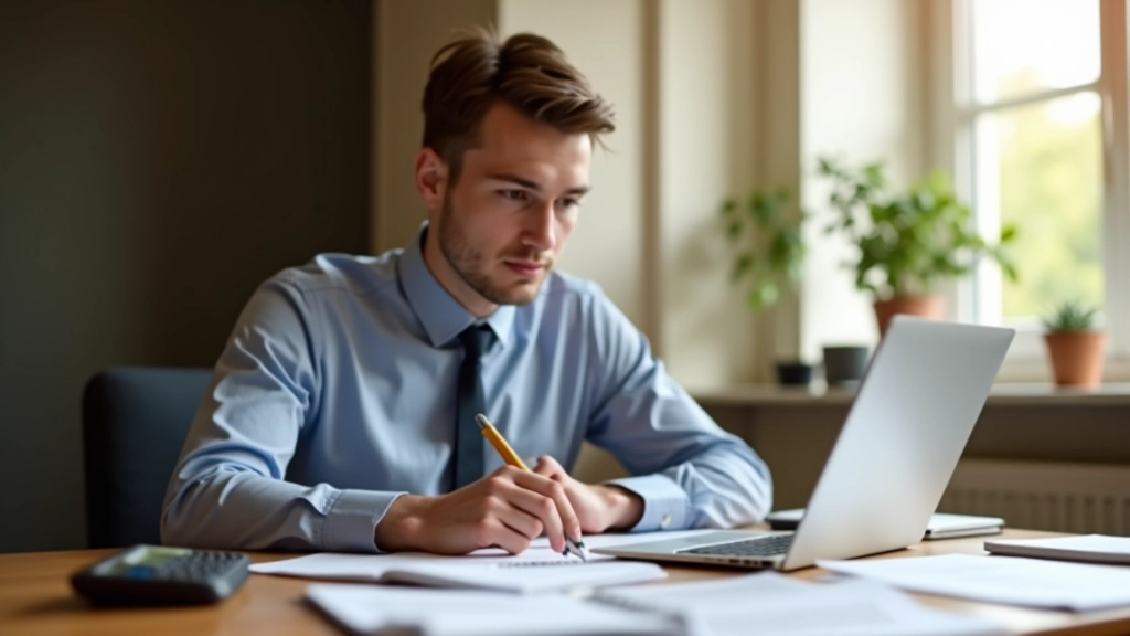 Junger Mensch sitzt am Schreibtisch mit Laptop und Notizbuch, arbeitet an Finanzplanung, helles Tageslicht